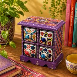 Mini Chest Mango Wood Purple 4 Ceramic Drawers 17x10x17cm