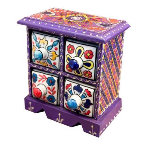 Mini Chest Mango Wood Purple 4 Ceramic Drawers 17x10x17cm
