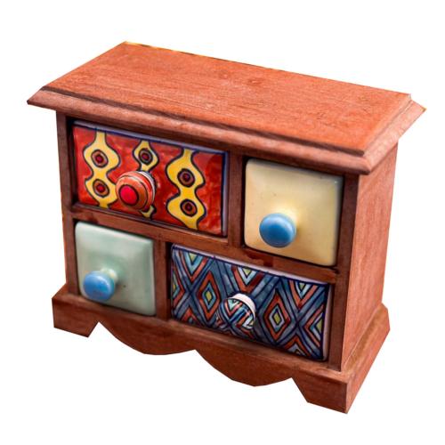 Mini Chest Mango Wood 4 Ceramic Drawers 20.5x10x17cm