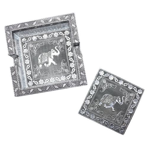 Set of 4 coasters in holder aluminium elephant design