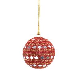 Bauble Beaded With Mirrors Red 7cm