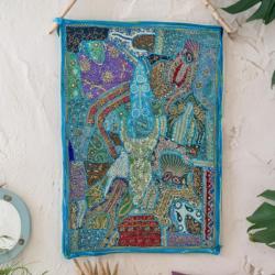 Wall Hanging Patchwork Heavily Embroidered Turquoise