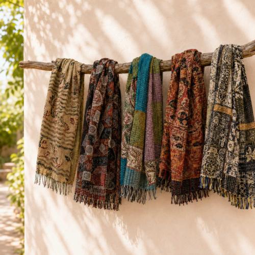 Scarf recycled silk kantha stitch - assorted colours and designs