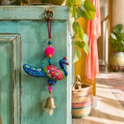 Peacock Hanging with Bell Recycled Plastic Blue & Red