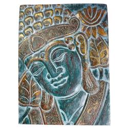 Wall hanging woodcarving Budhha head to side green 30 x 40 x 3xm
