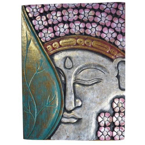 Wall hanging woodcarving Budhha pink flowers 30 x 40 x 3xm