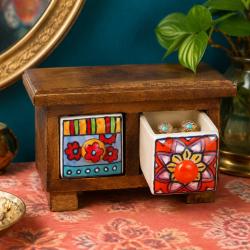 Mini Chest Mango Wood 2 Ceramic Drawers Reds 17x11x10cm