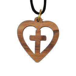 Pendant olive wood, heart with cross, 3 x 3cm