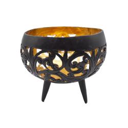 Coconut Bowl Floral Carving Black With Gold Colour Lacquer Inner 14x13cm