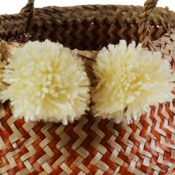 Woven seagrass basket with pompoms, natural & tan 25cm