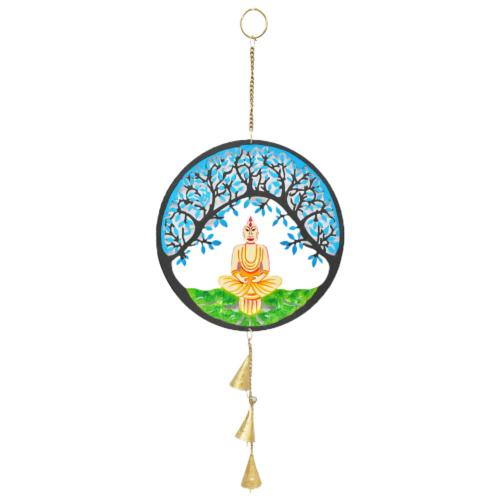 Hanging Windchime Metal Buddha under Tree Blue 20cm diameter