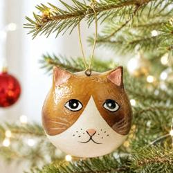 Cat Hanging Decoration Papier Mâché Brown 5cm