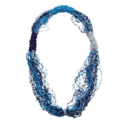 Necklace, Recycled Shrimp Net Tied Up Blue Turquoise Grey