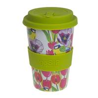 Reusable travel cup, biodegradable, blue tit and tulips