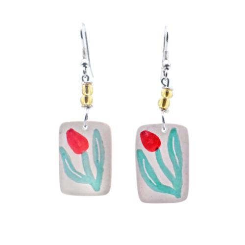Earrings Kisii Stone Rectangle with Red Flower