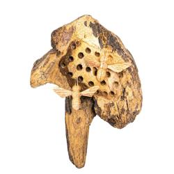 Hand-Carved Wild Bee Hive with Three Bees