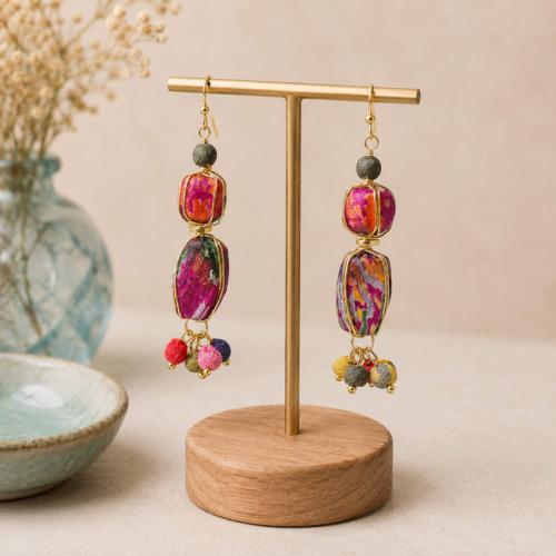 Earrings Recycled Drop 3 Beads + Cluster at Bottom Multicoloured 5cm