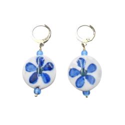 Earrings Ceramic Circle Blue Flower on White
