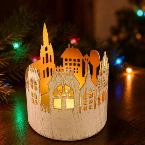 T-lite Candle Holder Whitewashed Metal Village Scene 10 x 11cm