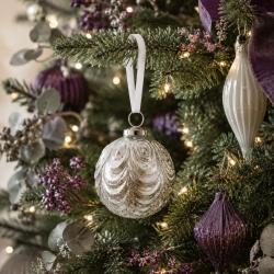 Glass Bauble Round Petal Pattern 7.5cm Silver Colour