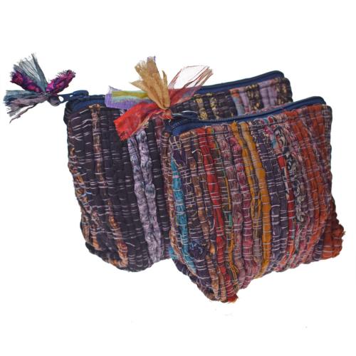 Set of 2 rag chindi pouch bags recycled sari base colour blue 24x14 & 18x12cm