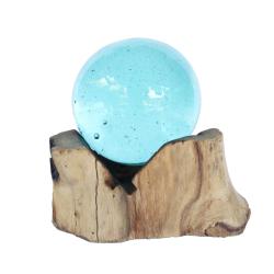 Recycled Blue Glass Ball on Wood