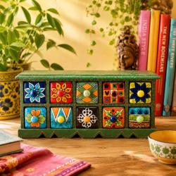 Mini Chest Mango Wood 10 Ceramic Drawers 42 x 10 x 17cm