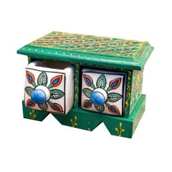 Mini Chest Mango Wood Green 2 Ceramic Drawers 16x10x10cm