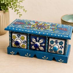 Mini Chest Mango Wood Blue 3 Ceramic Drawers 23x10x10cm
