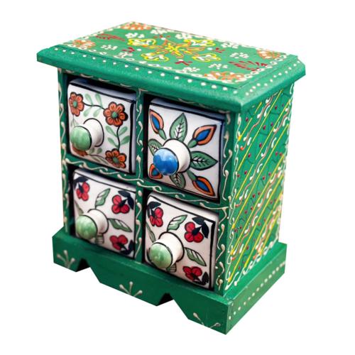 Mini Chest Mango Wood Green 4 Ceramic Drawers 17x10x17cm