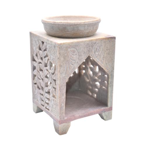 Oil burner holder carved soapstone, leaf design rectangular 8.5x8.5x14cm