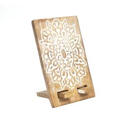 Mobile Phone Stand Mango Wood Mandala Whitewashed