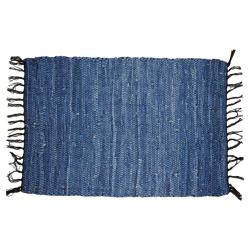 Rag rug recycled leather handmade blue 60x90cm