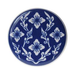 Single round ceramic coaster blue floral 4 white flowers