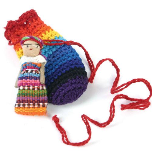 Worry doll in small crochet bag