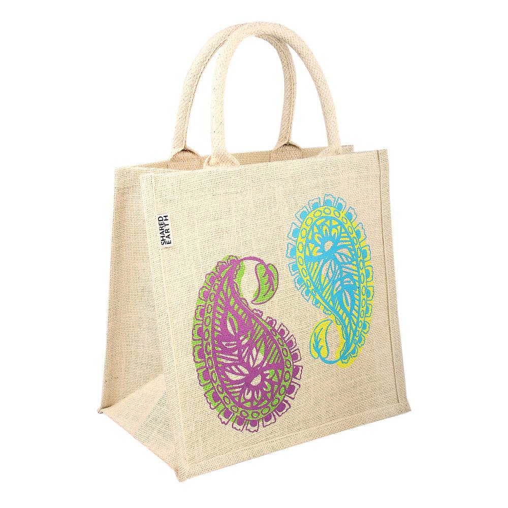 Jute shopping bag, square, paisley design