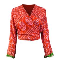 GENKI Wrap Top with Straight Sleeves, upcycled silk one-size colours will vary