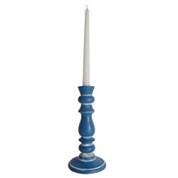 Candlestick/holder hand carved eco-friendly mango wood blue 23cm height