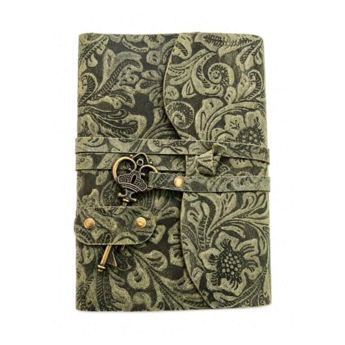 Notebook with Key Leather Floral Embossed Green 13 x 18cm