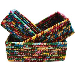 Set of 3 rectangular grass baskets, multicoloured