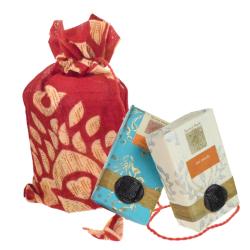 2 handmade Sacred Mark soap bars in drawstring bag, spicy orange & chai masala
