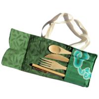 Bamboo cutlery set in green cotton pouch