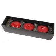 3 sentiment pebbles in box, I Love You, red