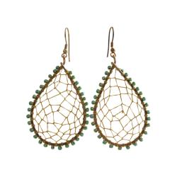 Earrings teardrop gold colour web with green bead edging