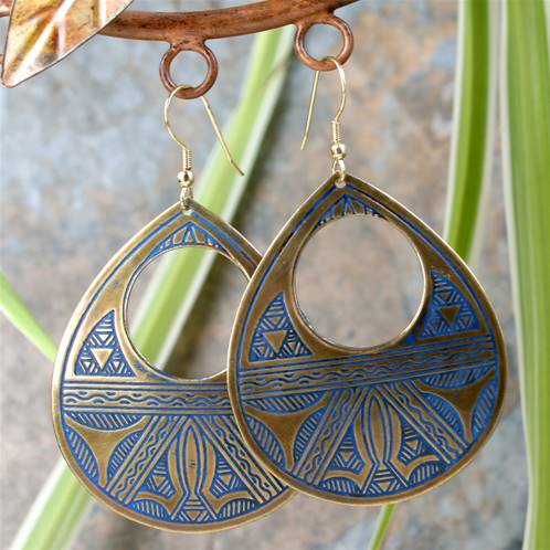 Earrings cutout teardrop gold and blue