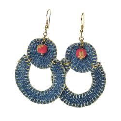 Earrings recycled denim jeans, drop ring and circle