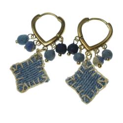 Earrings recycled denim jeans, diamond shape & cloth beads