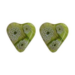 Ear studs, glass heart shaped beads, lime green 1.3 x 1.3cm