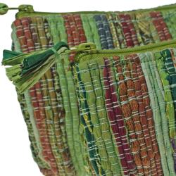 Set of 2 rag chindi pouch bags recycled sari base colour green 24x14 & 18x12cm