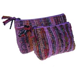 Set of 2 rag chindi pouch bags recycled sari base colour purple 24x14 & 18x12cm
